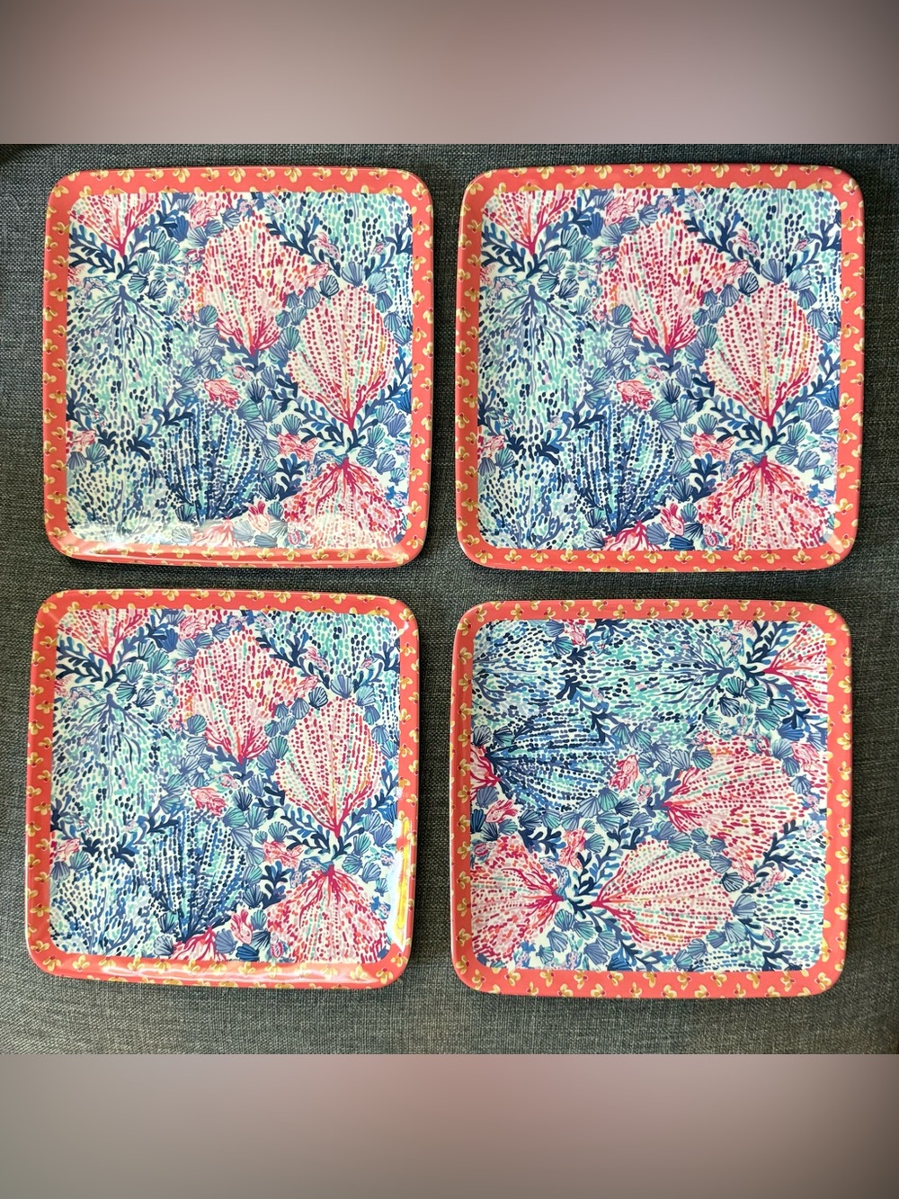NEW Lilly Pulitzer Sway With Me Coral Melamine Set of 4 Square 8.5” Plates